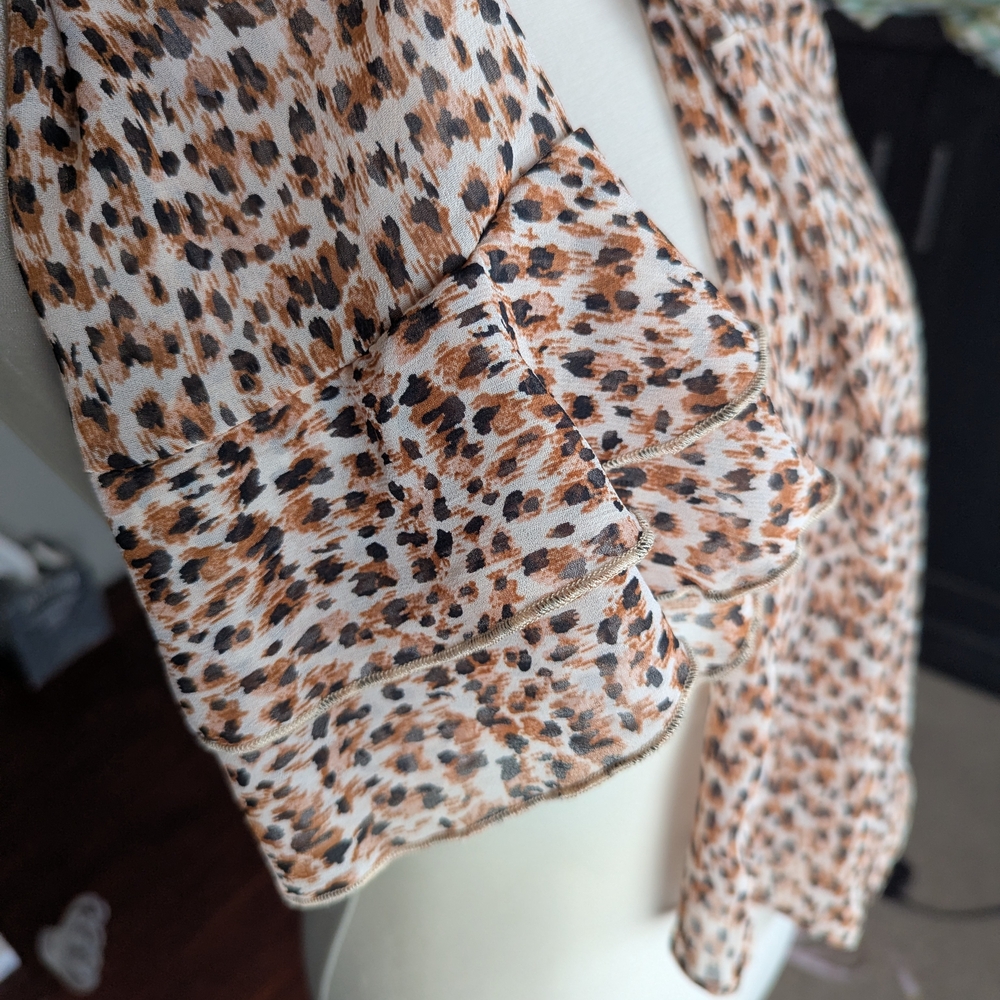 River Island Sheer Leopard Print Ruffle Button Down Shirt W/ Rhinestone Buttons - Picture 8 of 9